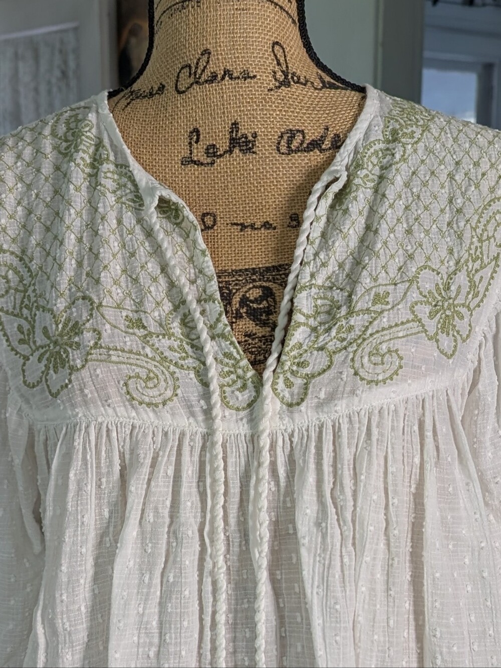 Embroidered White Peasant Blouse with Green Accents - Picture 6 of 10